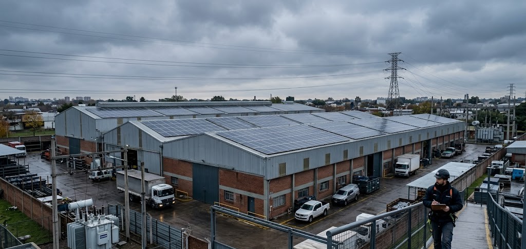 Operario inspeccionando paneles solares industriales en invierno bajo nueva normativa MEM Argentina